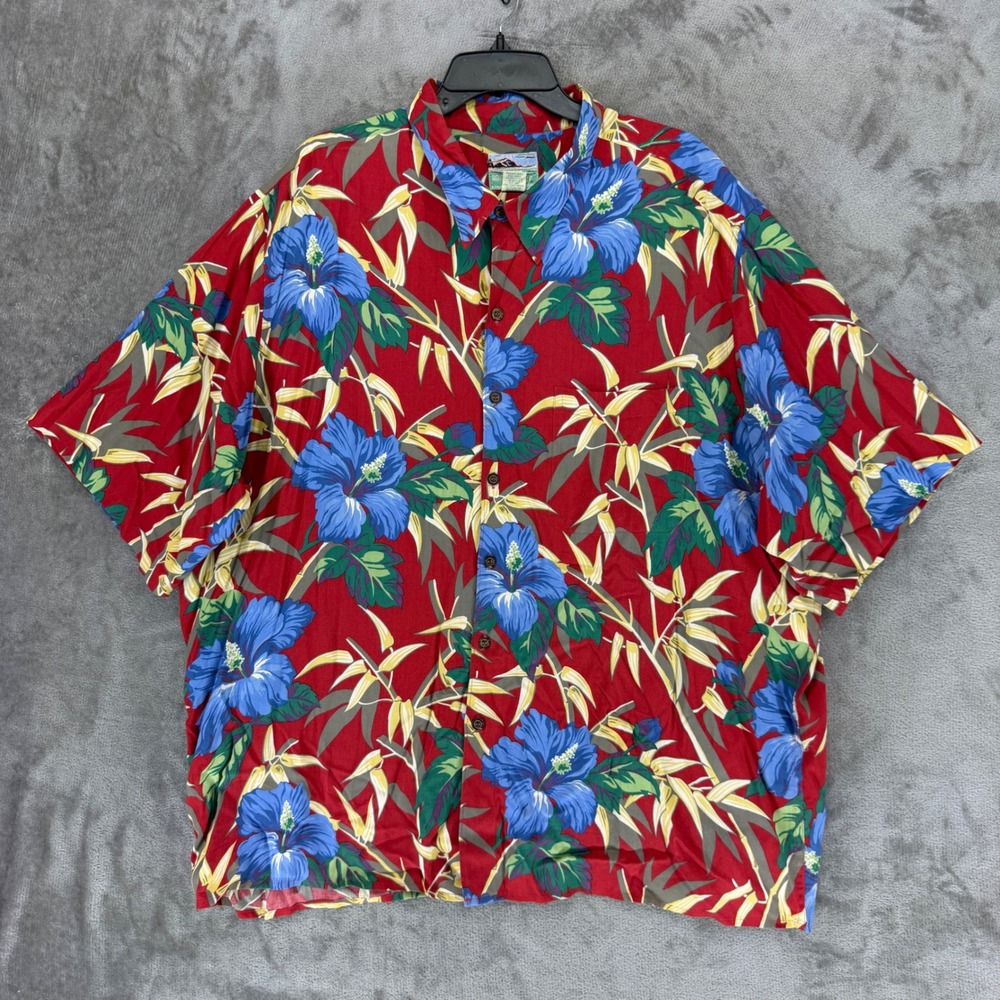 Reyn Spooner Hawaiian Shirt Mens XXL Red Blue Hibiscus Rayon Tropical Floral